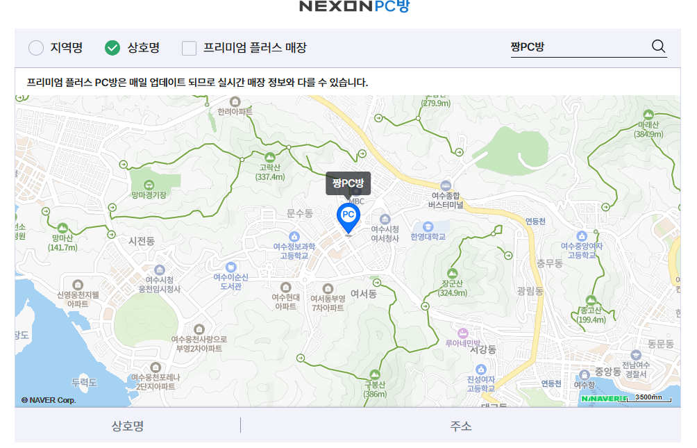 넥슨 PC방 찾기에서 상호명 '짱PC방'으로 검색한 화면. 여수 문수동·여서동 지도 위에 짱PC방 위치가 표시된다.
