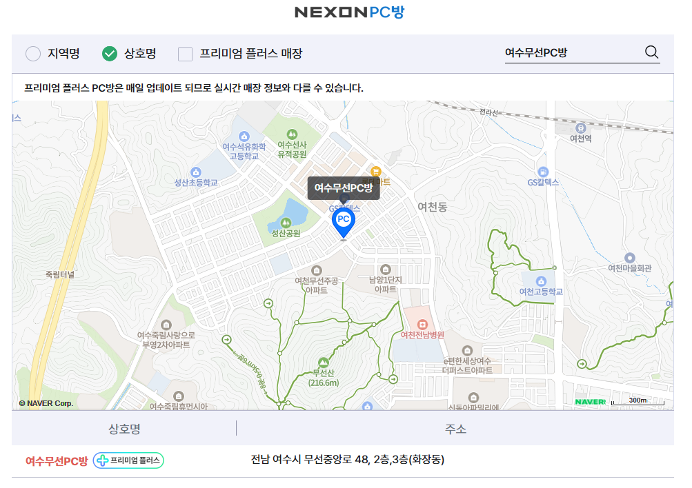 넥슨 PC방 찾기에서 상호명 '여수무선PC방'으로 검색한 화면. 여수 화장동·여천동 지도 위에 여수무선PC방 위치가 표시되고, 아래 목록에 프리미엄 플러스 배지와 주소가 나온다.
